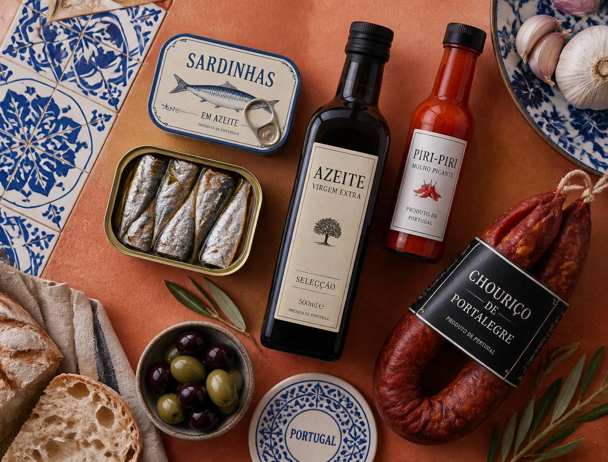 Portuguese pantry goods: tinned sardines, olive oil, piri-piri and chouriço